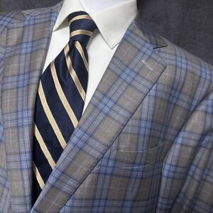 Arrons Custom Sport Coat 48L Beige Blue Plaid Wool Blazer Jacket Bespoke 48R